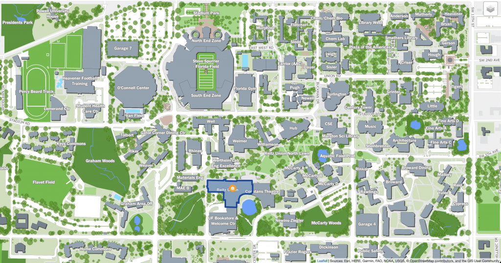 Campus map highlighting location of Reitz Union