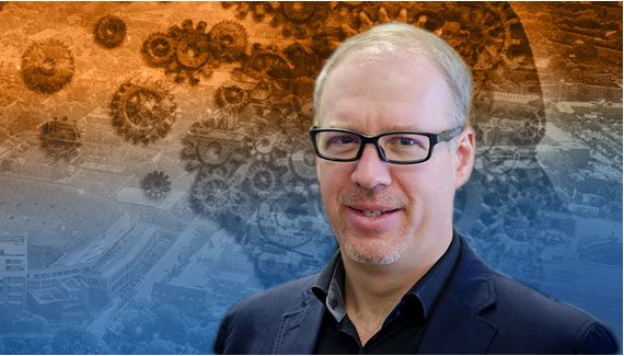 Dr. David Kaber profile picture, superimposed over an orange and blue background